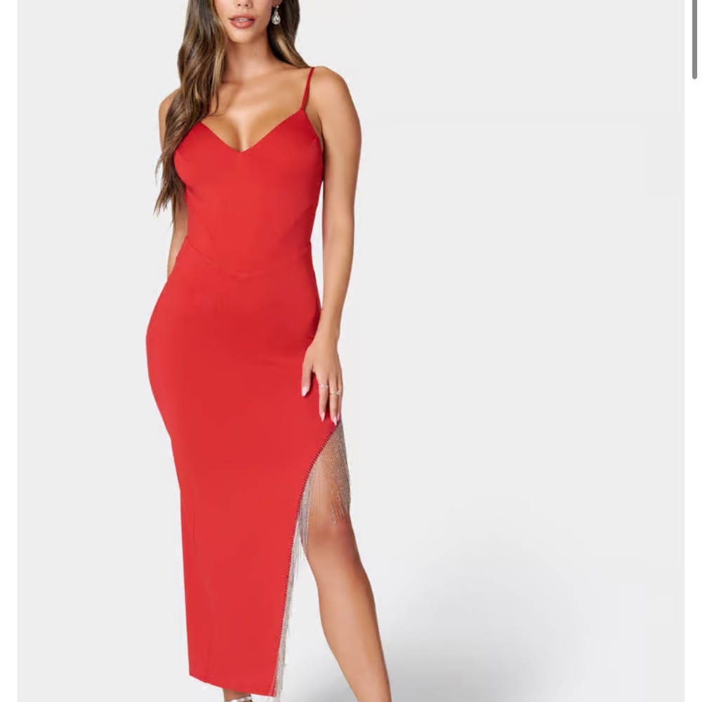 Bebe Red fringe detail high slit dress in size Medium.